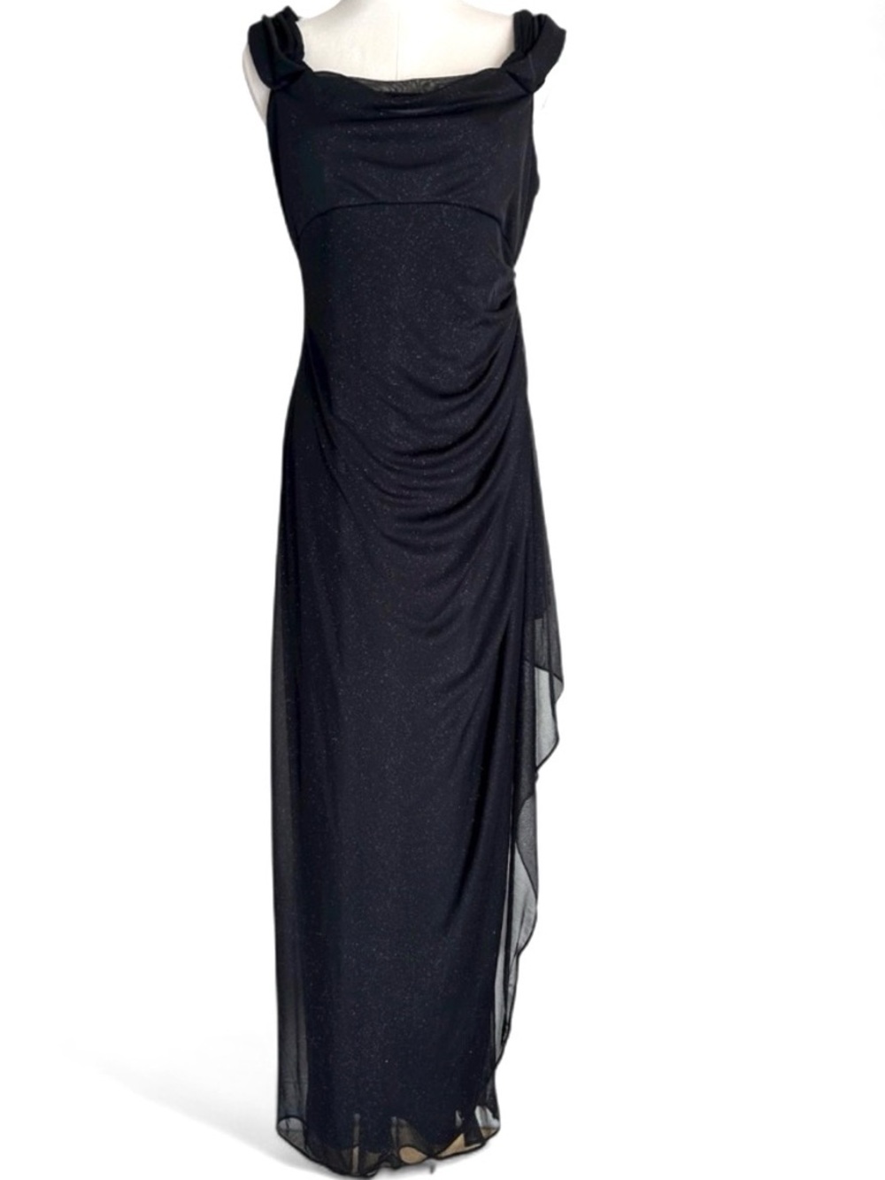 Alex Evenings Black Glitter Mesh Formal Gown Cowl Empire Draped Column Dress 8